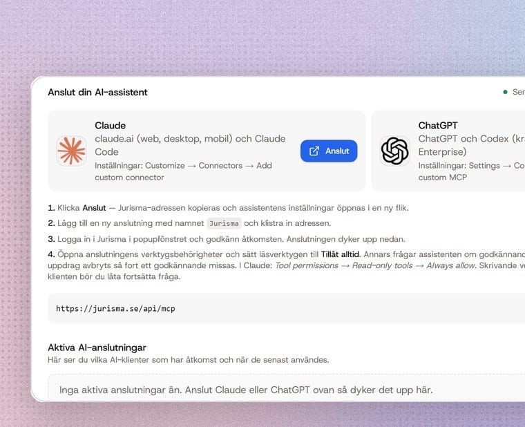 Anslut Jurisma till Claude och ChatGPT via MCP